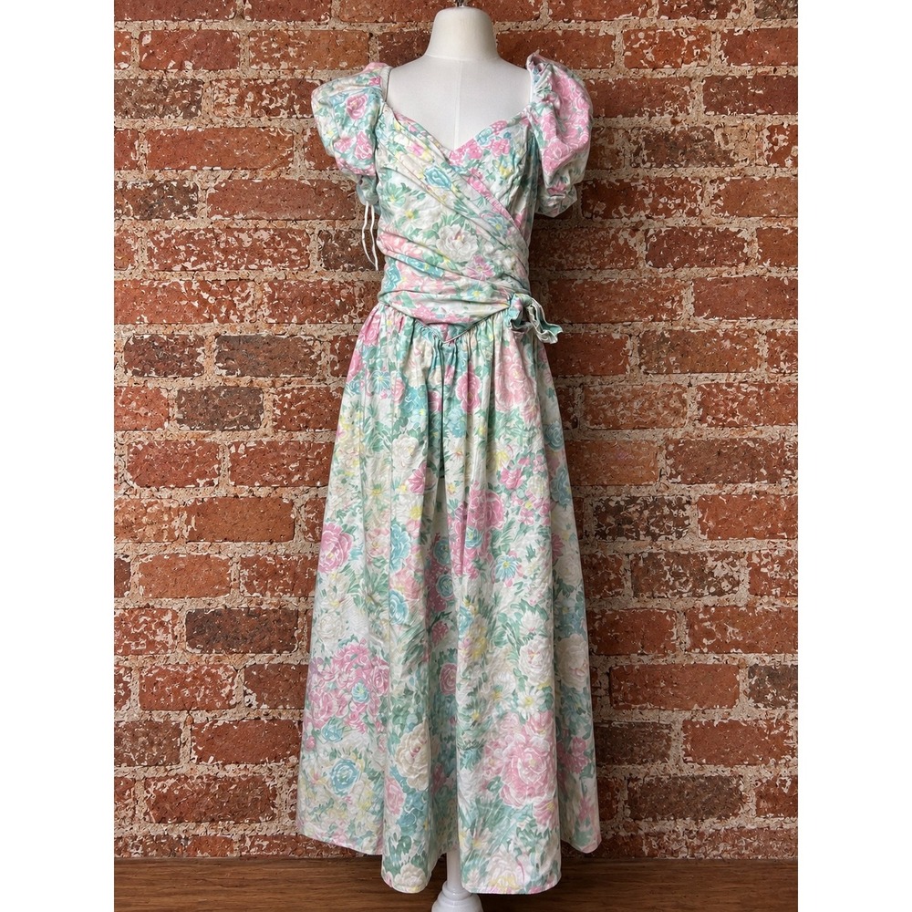 Vintage 80s Floral Maxi Dress Pastel Puff Sleeve Cottagecore Prom Coquette